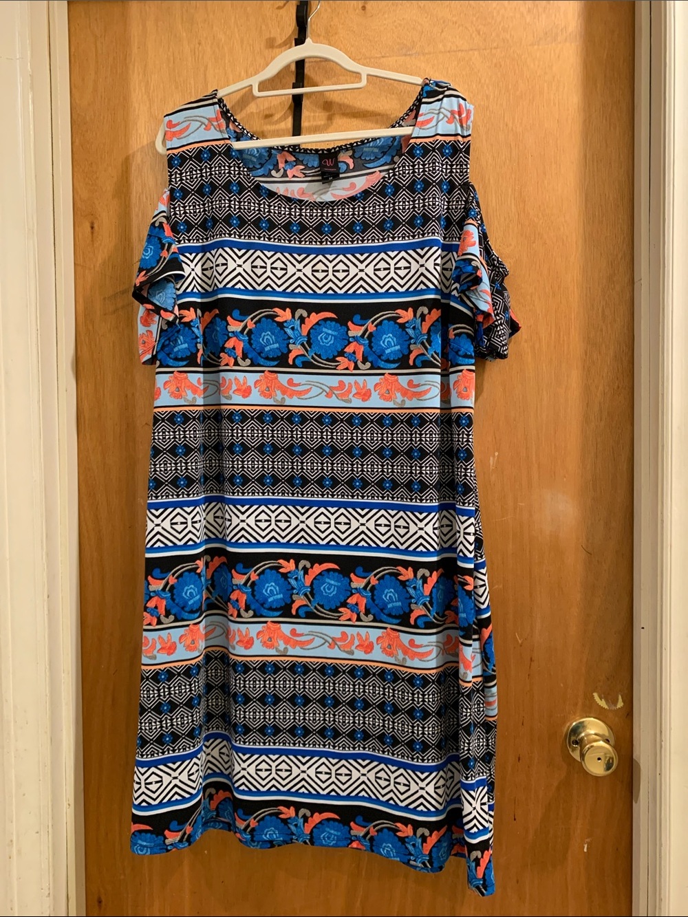 Wrapper Blue, Coral and Black Printed Midi Dress